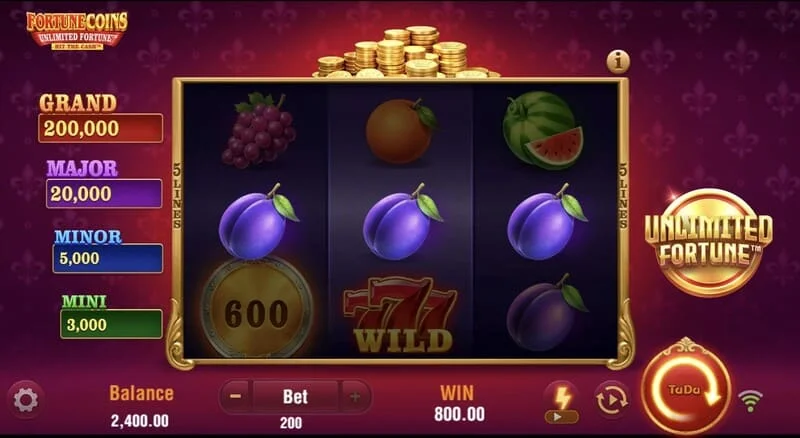 Fortune Coins Unlimited Fortune - フルーツシンボルを使った3x3の基本グリッド